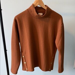 J.Crew Factory Quilted Brown Herringbone Mockneck Sweatshirt with Gold Buttons